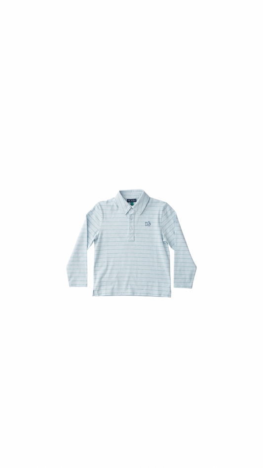 Boys Long Sleeve Too Cool for School Polo Ice Water Blue Surf Stripe