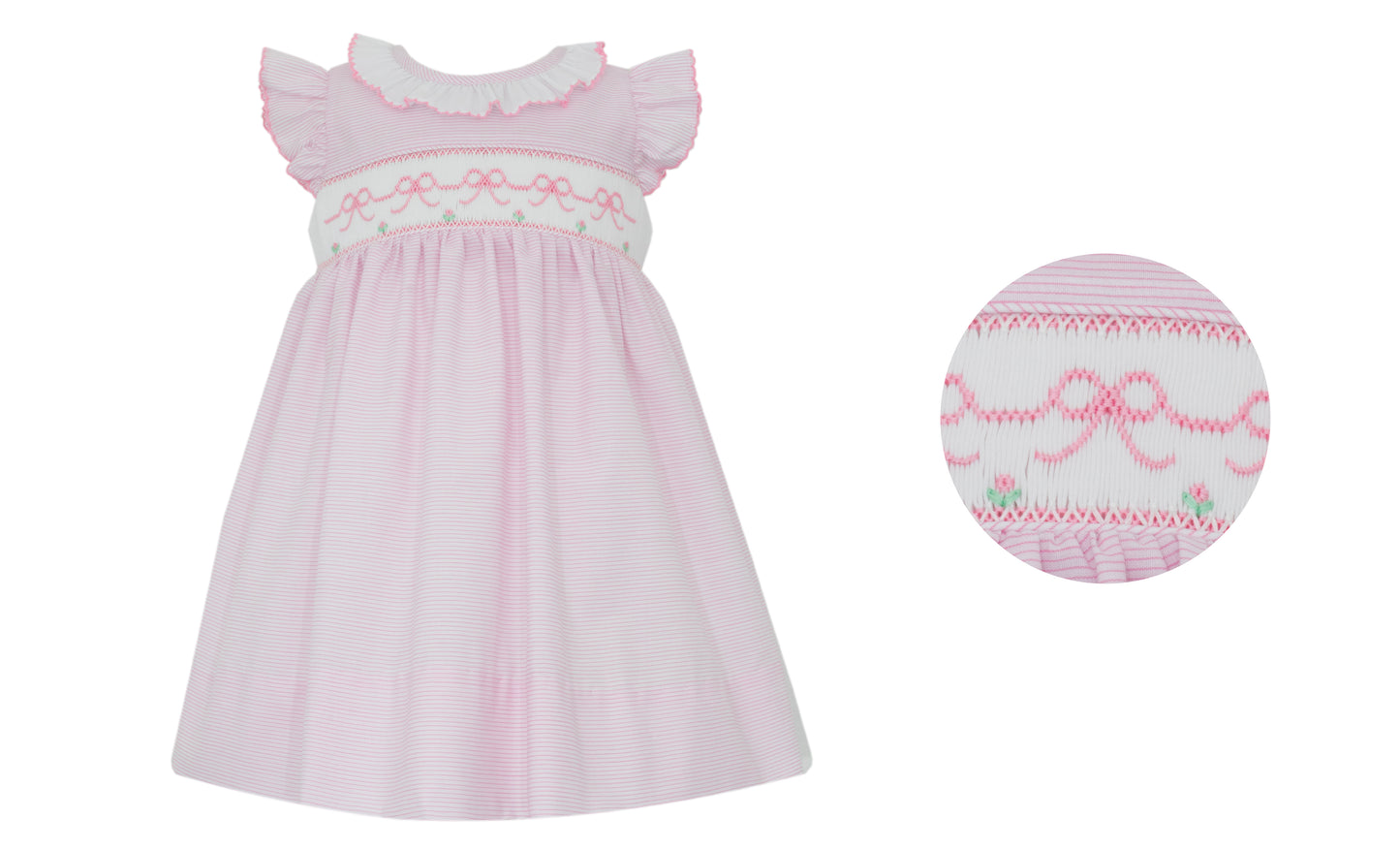 Pink Bows- Pink tiny stripe sleeveless dress w/ white ruffle collar