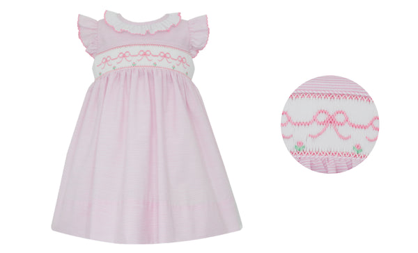 Pink Bows- Pink tiny stripe sleeveless dress w/ white ruffle collar
