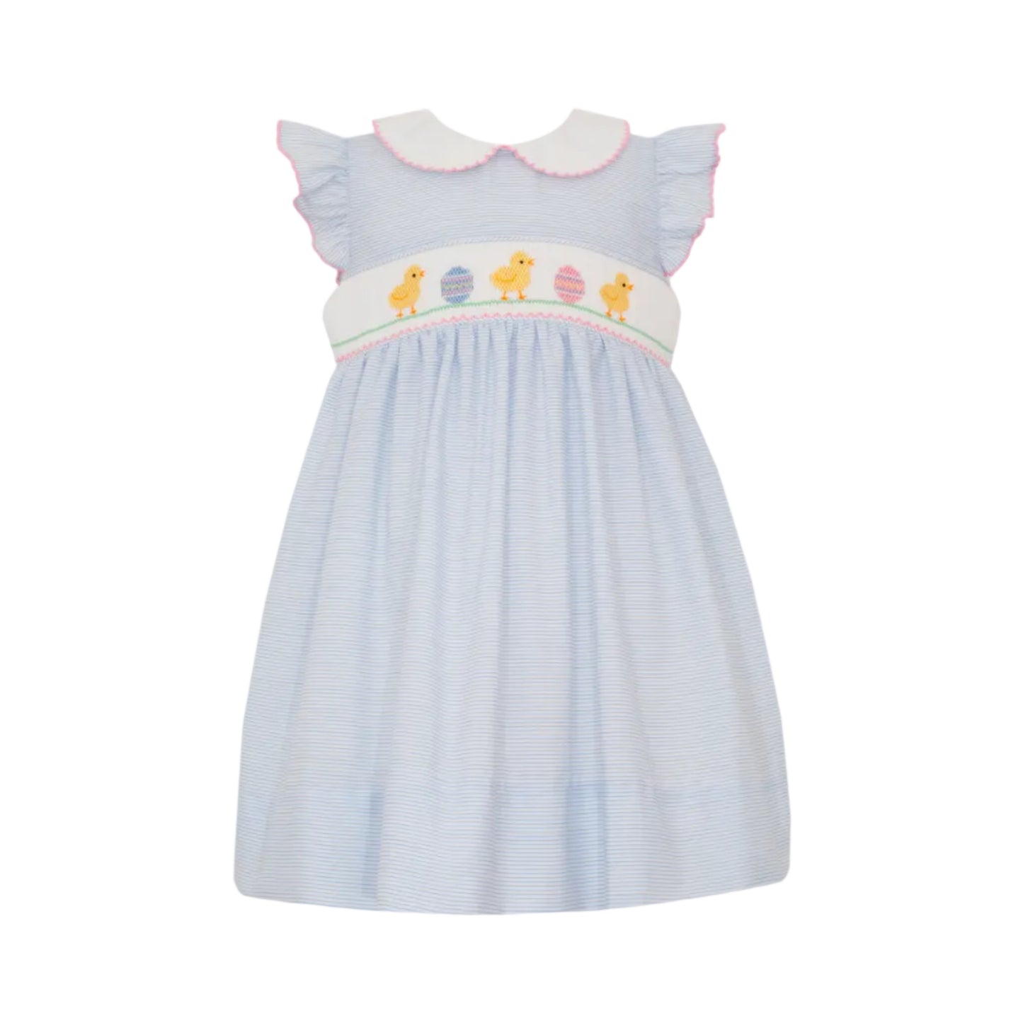 Easter Chicks Girls Light Blue Tiny Stripe Sleeveless Dress with Collar