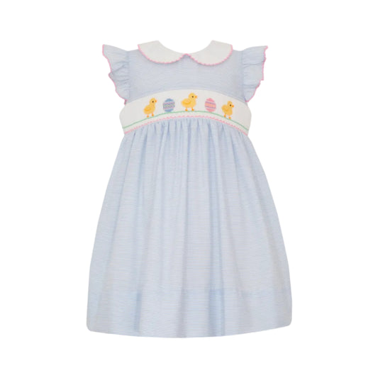 Easter Chicks Girls Light Blue Tiny Stripe Sleeveless Dress with Collar