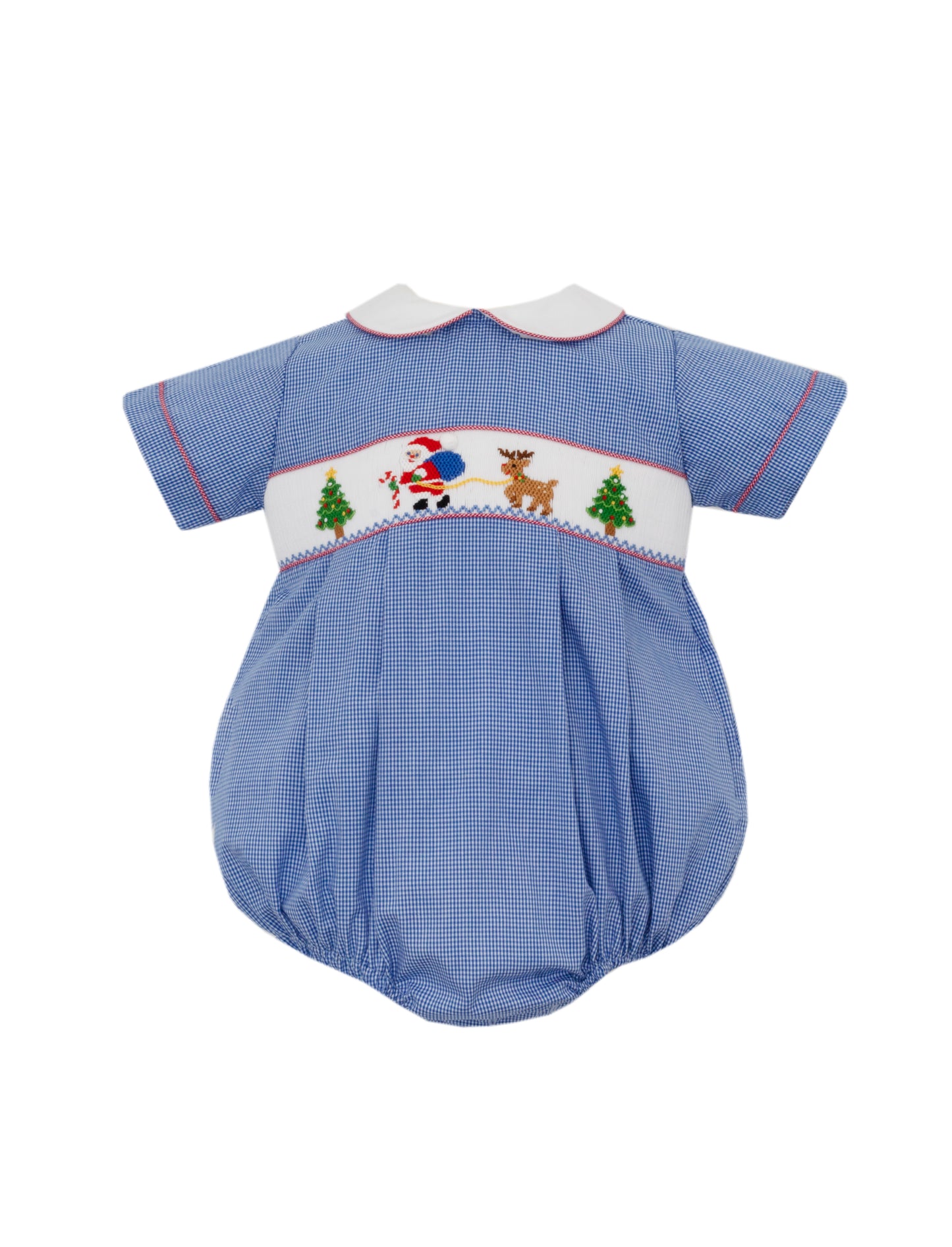 Santa Claus With Reindeer Boy's Royal Blue Gingham Bubble Short Sleeve