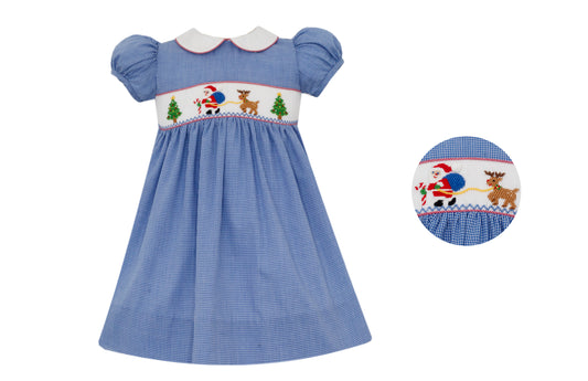 Santa Claus With Reindeer Girls Royal Blue Gingham Dress Short Sleeve