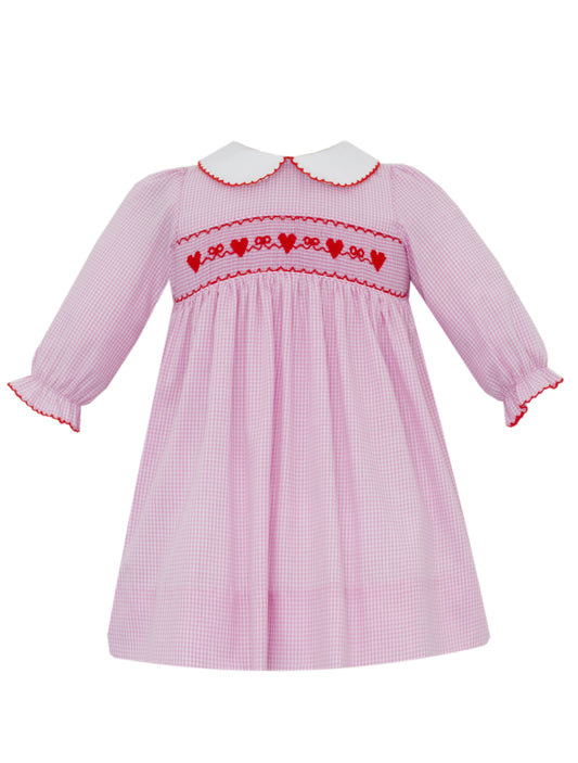 Valentines Day Girls Pink Gingham Dress Long Sleeve
