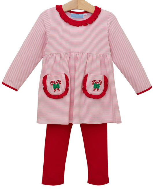 Candy Cane Embroidery Ruffle Pants Set