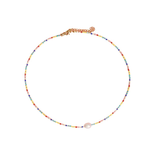 Party Pearl - Single Pearl and Rainbow Seed Bead Necklace