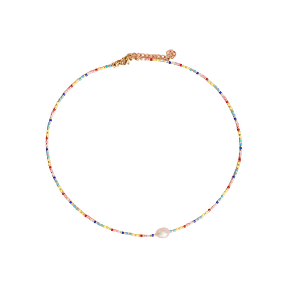 Party Pearl - Single Pearl and Rainbow Seed Bead Necklace