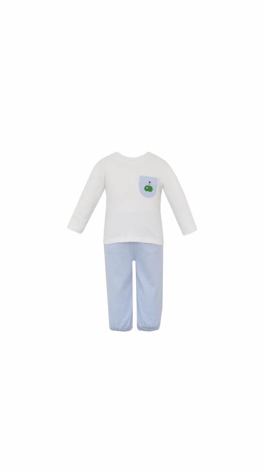 Golf Light Blue Stripe Knit Pant Set with Long Sleeve White Top