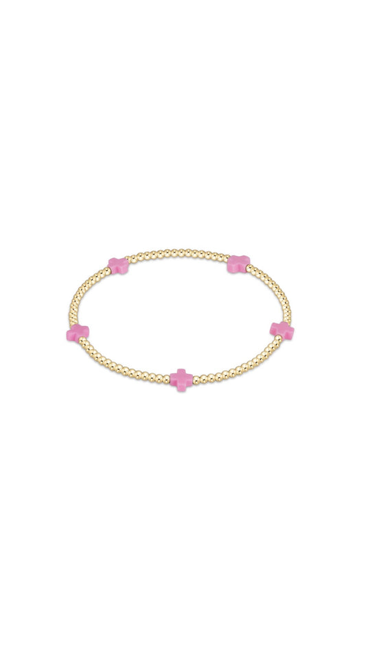 Egirl Signature Cross Small Gold Pattern 2mm Bead Bracelet Bright Pink