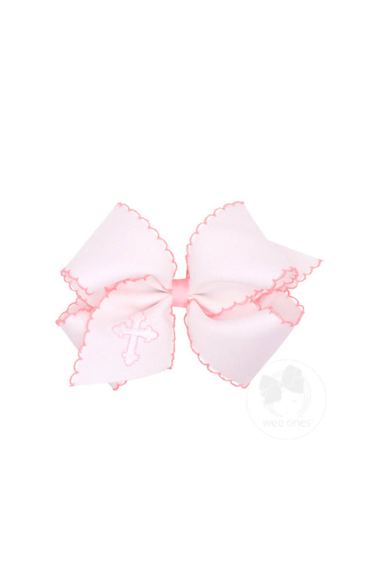 King White Grosgrain Hair Bow with Moonstitch Edge and Cross Embroidery on Tail White/Light Pink