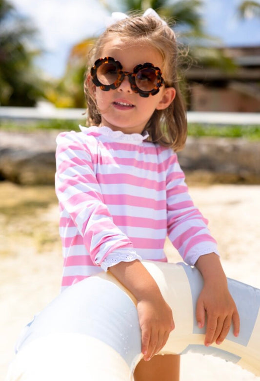 Winnie's Wave Spotter Swim Shirt UPF - Keyhole Caicos Cabana Stripe (Hamptons Hot Pink)