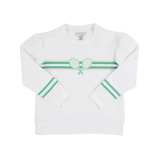 Cassidy Crewneck Comfy Crewneck Puff Sleeve Worth Ave White/Tennis Rackets