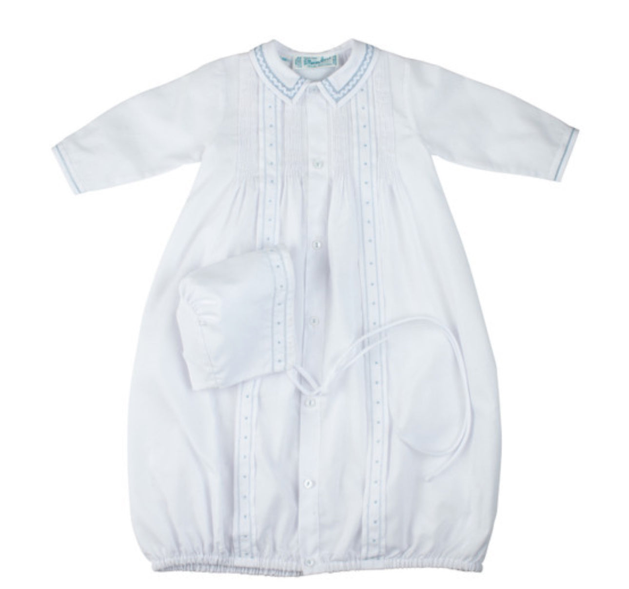 Boys Pintuck Yoke Take Me Home Gown With Bonnet White/Blue