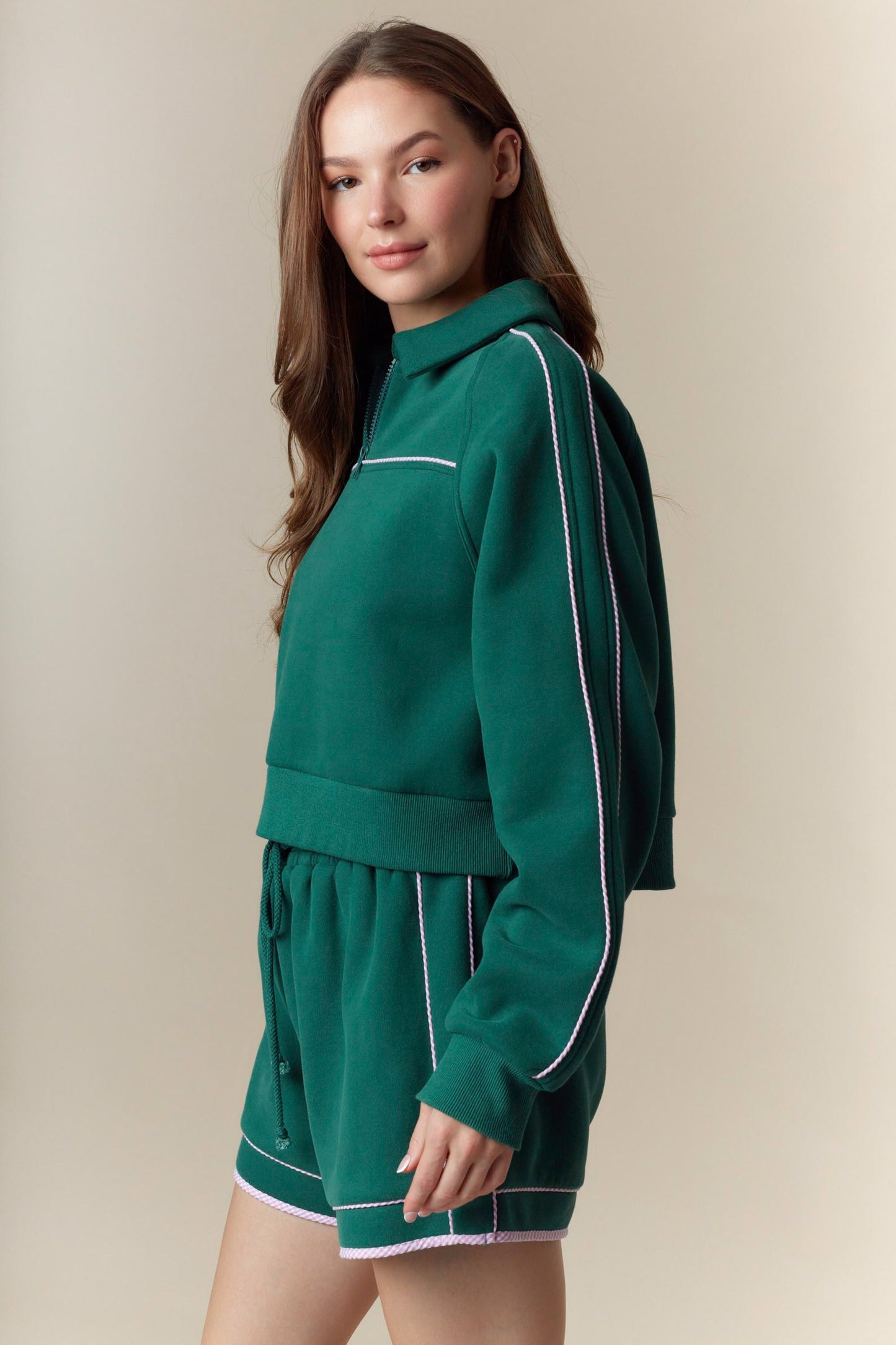 Gingham Piping Detailed Fleece French Terry Sweatshirt Short Set
