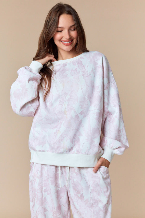 Pale Pink Leaf Printed Fleece Sweat Set