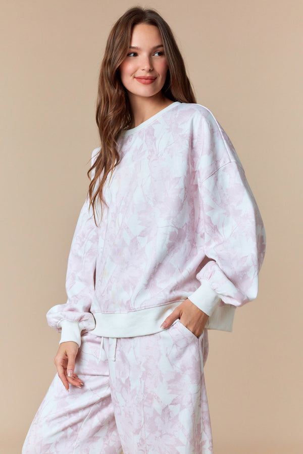 Pale Pink Leaf Printed Fleece Sweat Set