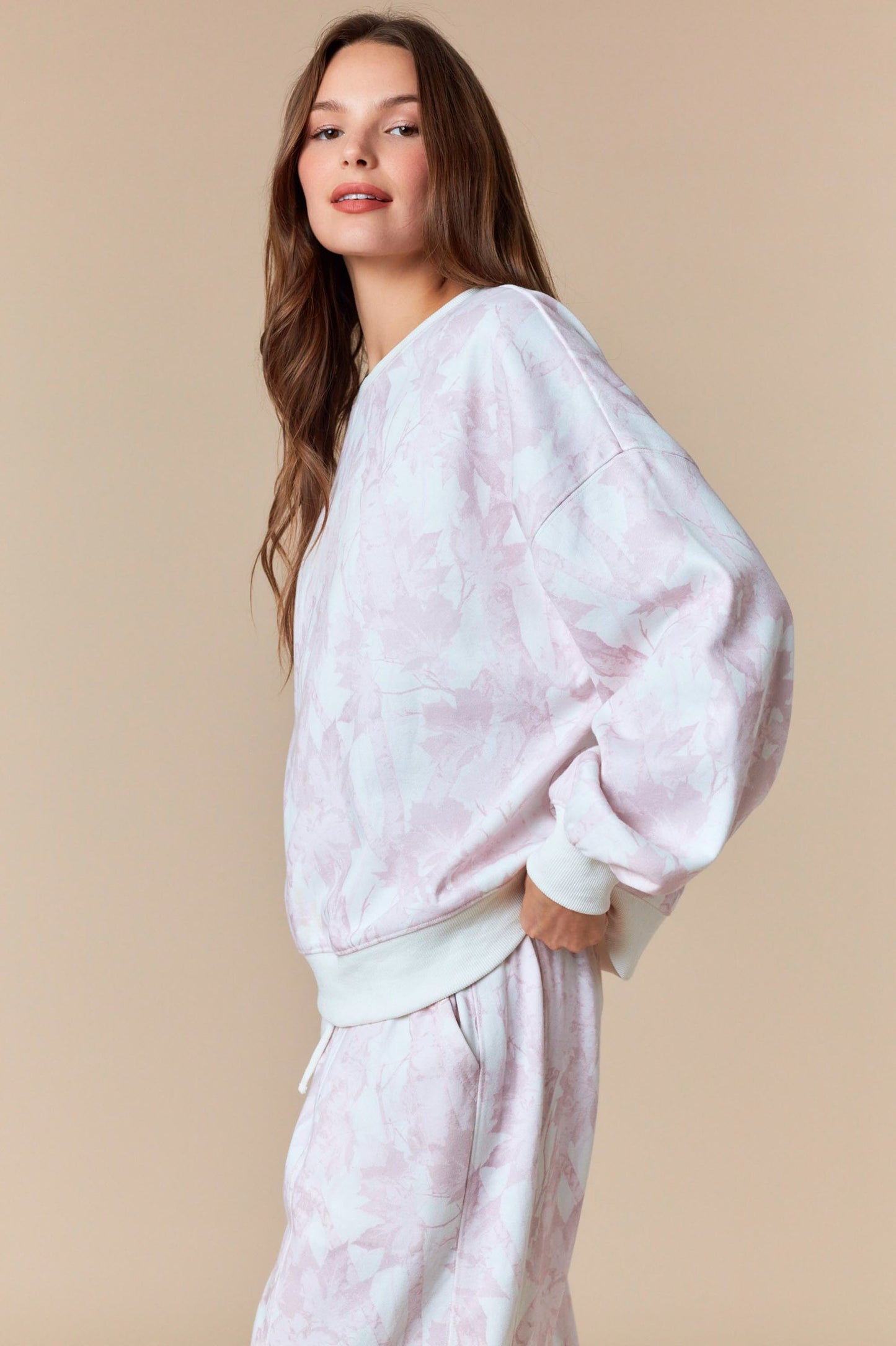 Pale Pink Leaf Printed Fleece Sweat Set