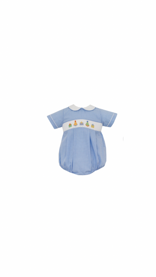 Birthday Boy Bubble Light Blue Gingham Short Sleeve