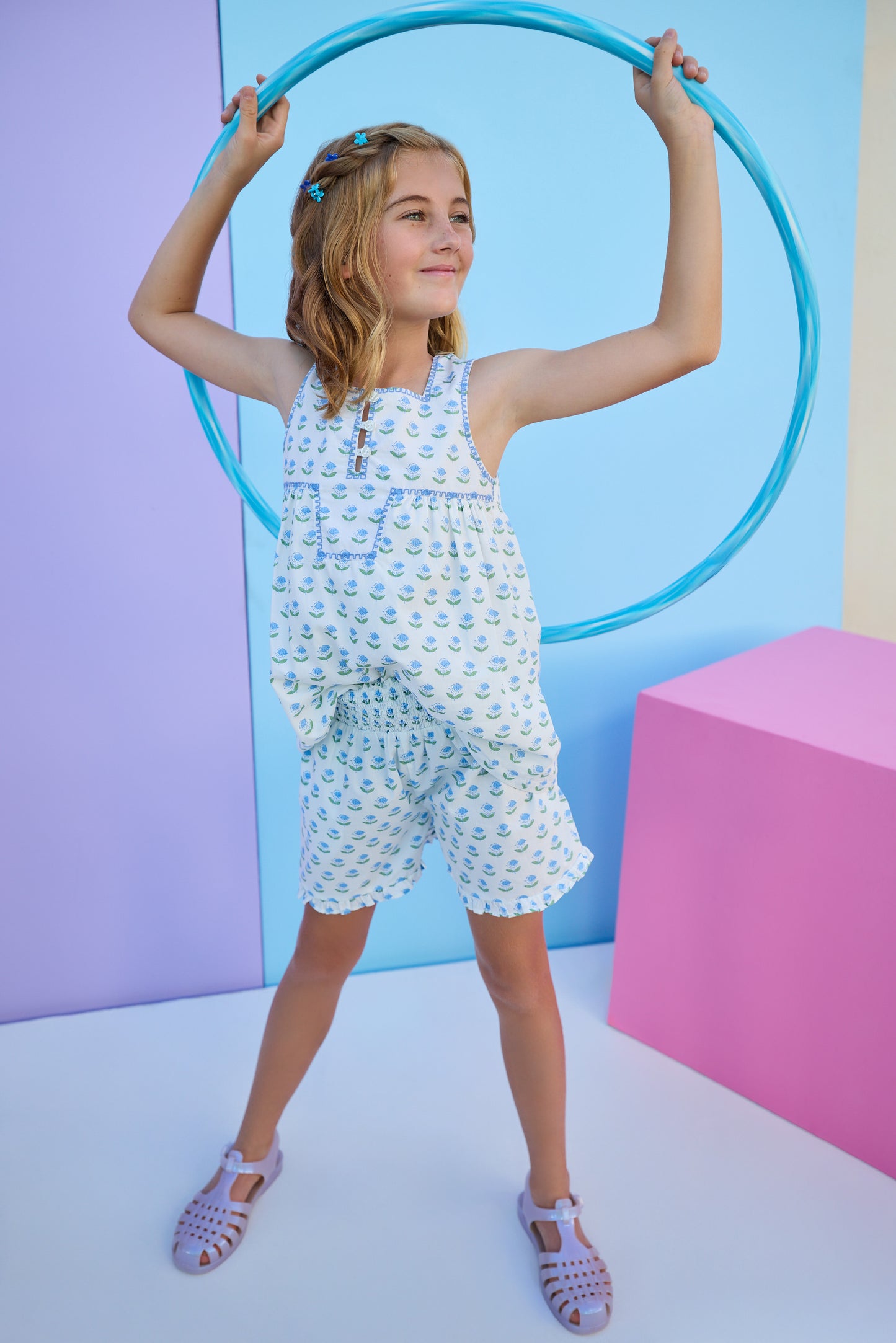 Shirred Ruffle Shorts- Blue Tulip Block Print