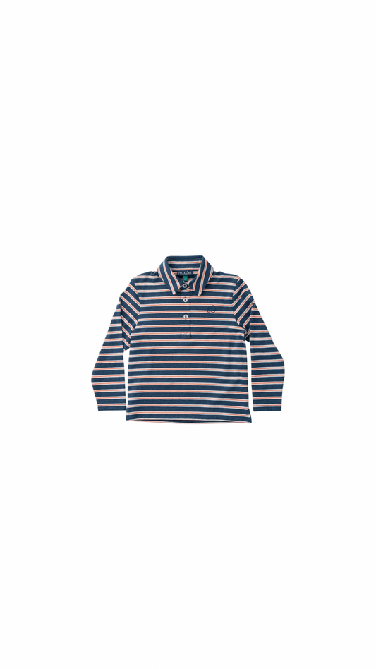 Boys Long Sleeve Too Cool for School Polo Dark Denim Crabapple Stripe