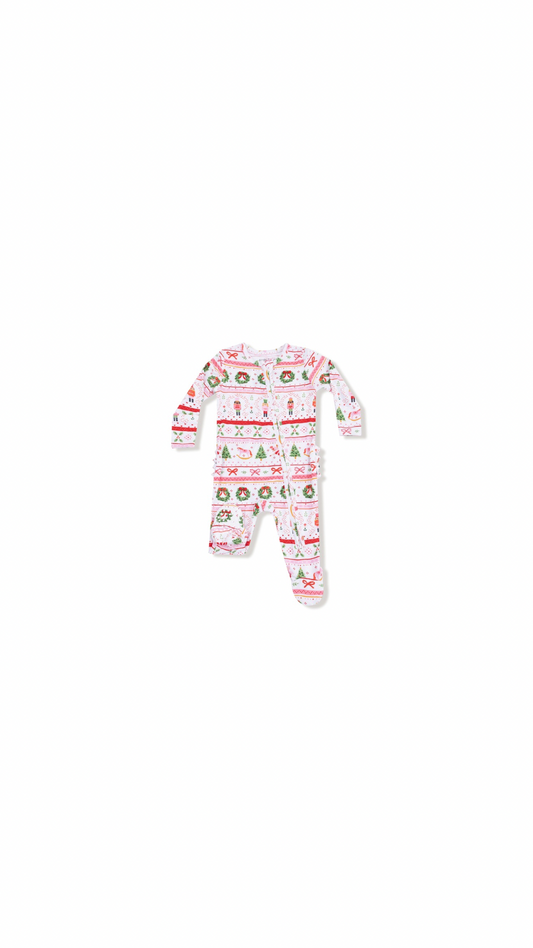 Sugar Plum Fairy - Nutcracker Fair Isle - Pink - 2 Way Zipper Ruffle Back Footie