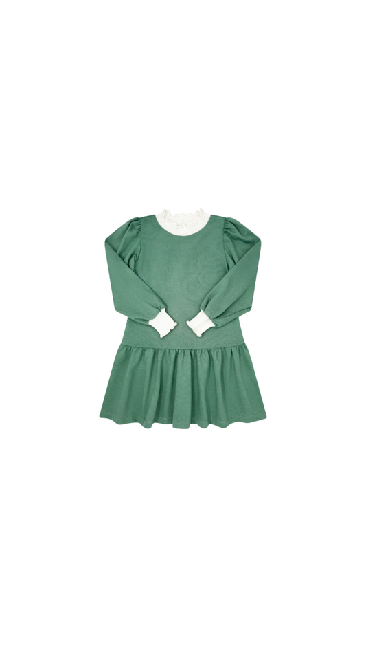 Dorothy Dropwaist Dress - Clover Green Sweatshirt Knit with Cream Knit Wrist