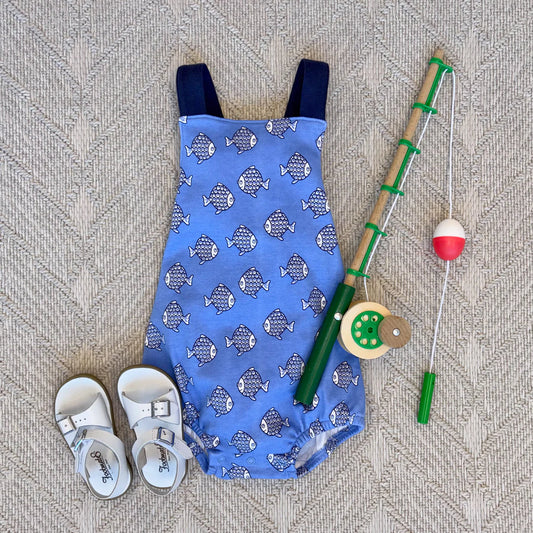 Stillman Sunsuit Little Fishes with Nantucket Navy