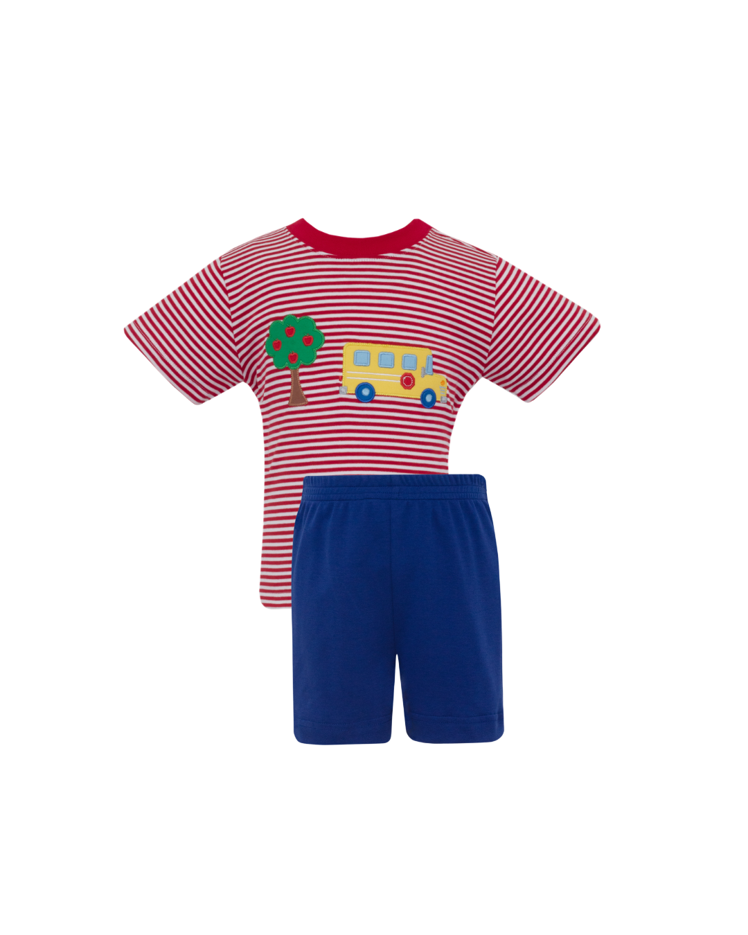 School Bus Boy's Red Knit Stripe Boys T-Shirt, S/S &  Royal Blue Knit Boys Shorts