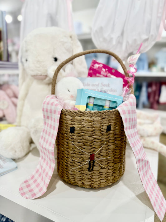 Gingham Kids Easter Basket - Easter Bunny Ears Pink Gingham