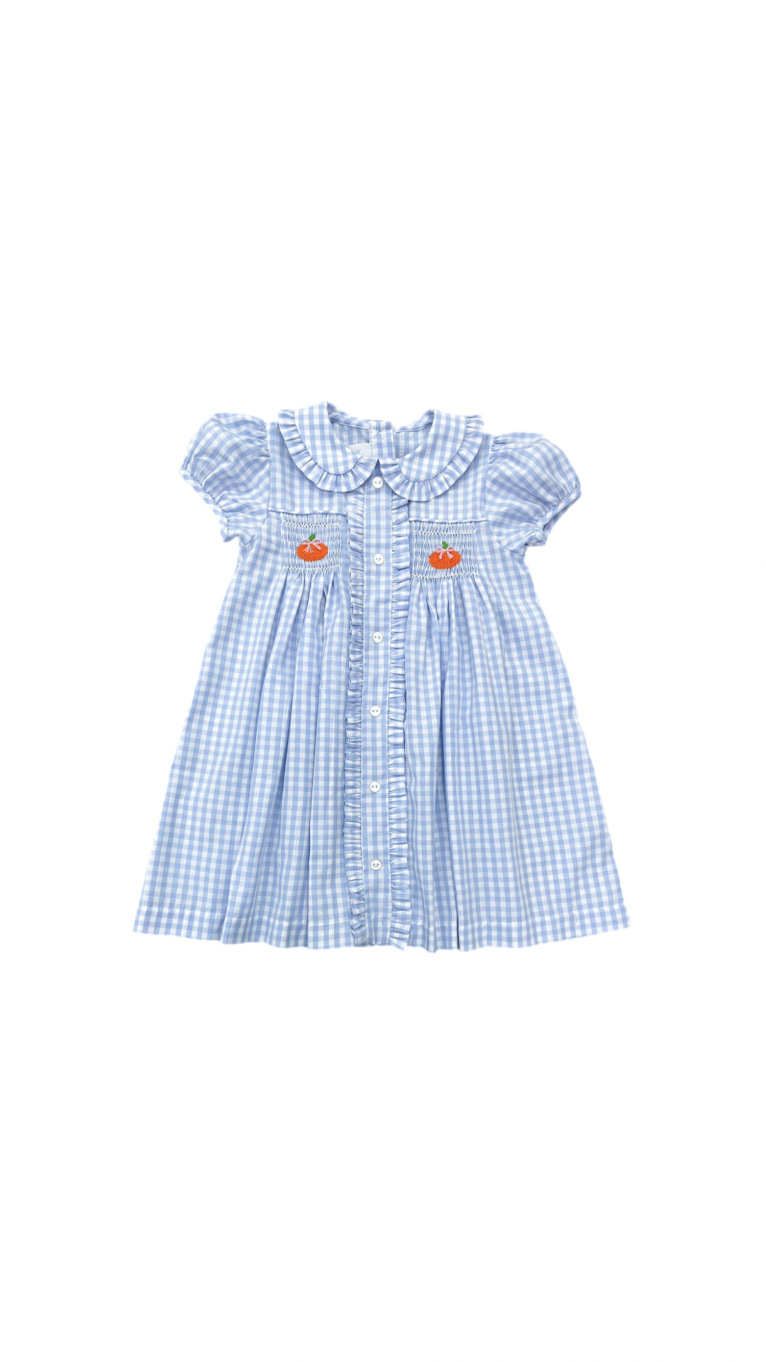 Margaret Blue Gingham Dress, Smocked Pumpkins