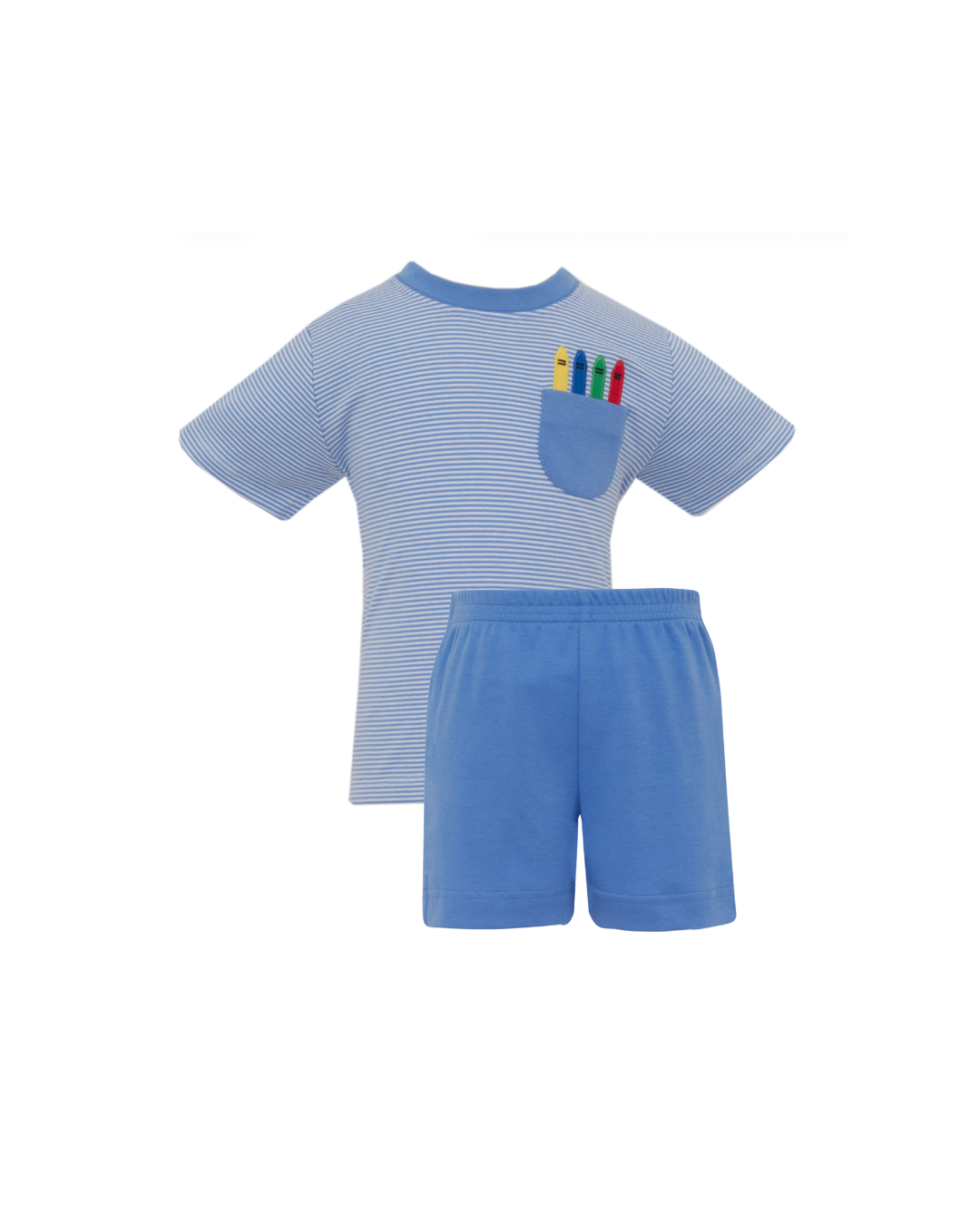 Crayon Boy's Periwinkle Blue Knit Stripe Boy's T-Shirt w/ Appliqué Pocket Crayon & Boy's Periwinkle Blue Knit Boys Shorts