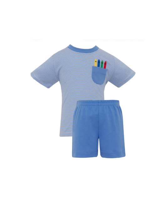 Crayon Boy's Periwinkle Blue Knit Stripe Boy's T-Shirt w/ Appliqué Pocket Crayon & Boy's Periwinkle Blue Knit Boys Shorts