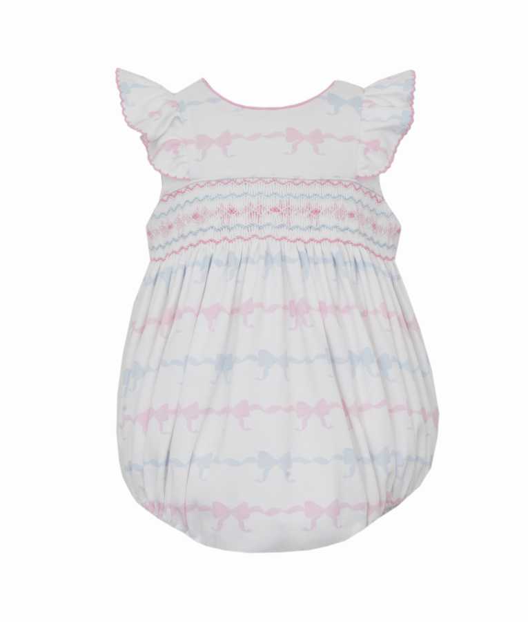 Pink and Blue Bows- bows knit print bubble with ruffle sleeves