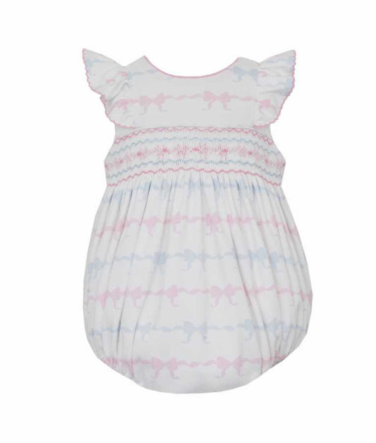 Pink and Blue Bows- bows knit print bubble with ruffle sleeves