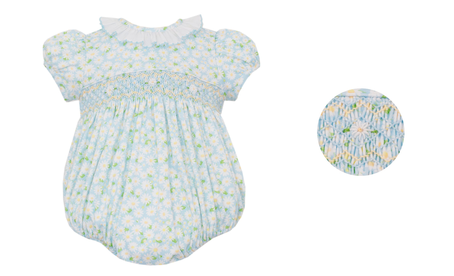 Spring Daises- Blue daises knit print girl's bubble with white ruffle collar