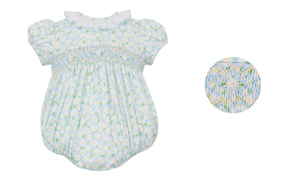 Spring Daises- Blue daises knit print girl's bubble with white ruffle collar