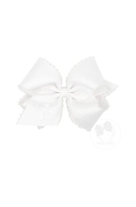 King White Grosgrain Hair Bow with Moonstitch Edge and Cross Embroidery on Tail White/White