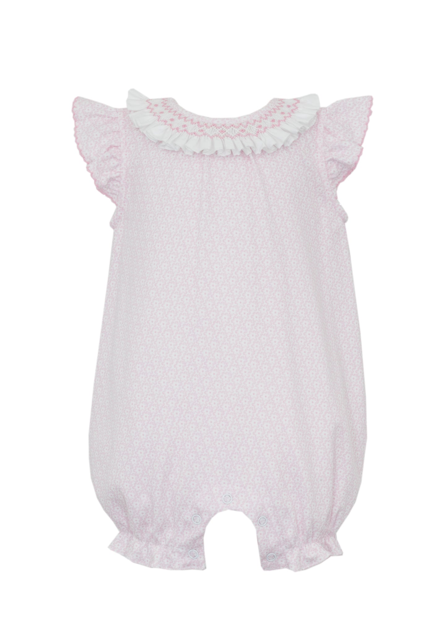 Ivanna- Pink flower knit print girl's sleeveless romper w/ white smocked collar