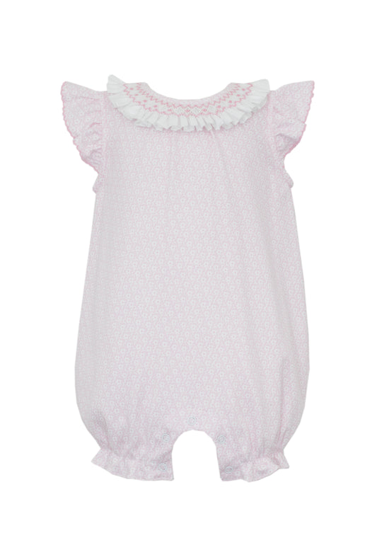 Ivanna- Pink flower knit print girl's sleeveless romper w/ white smocked collar