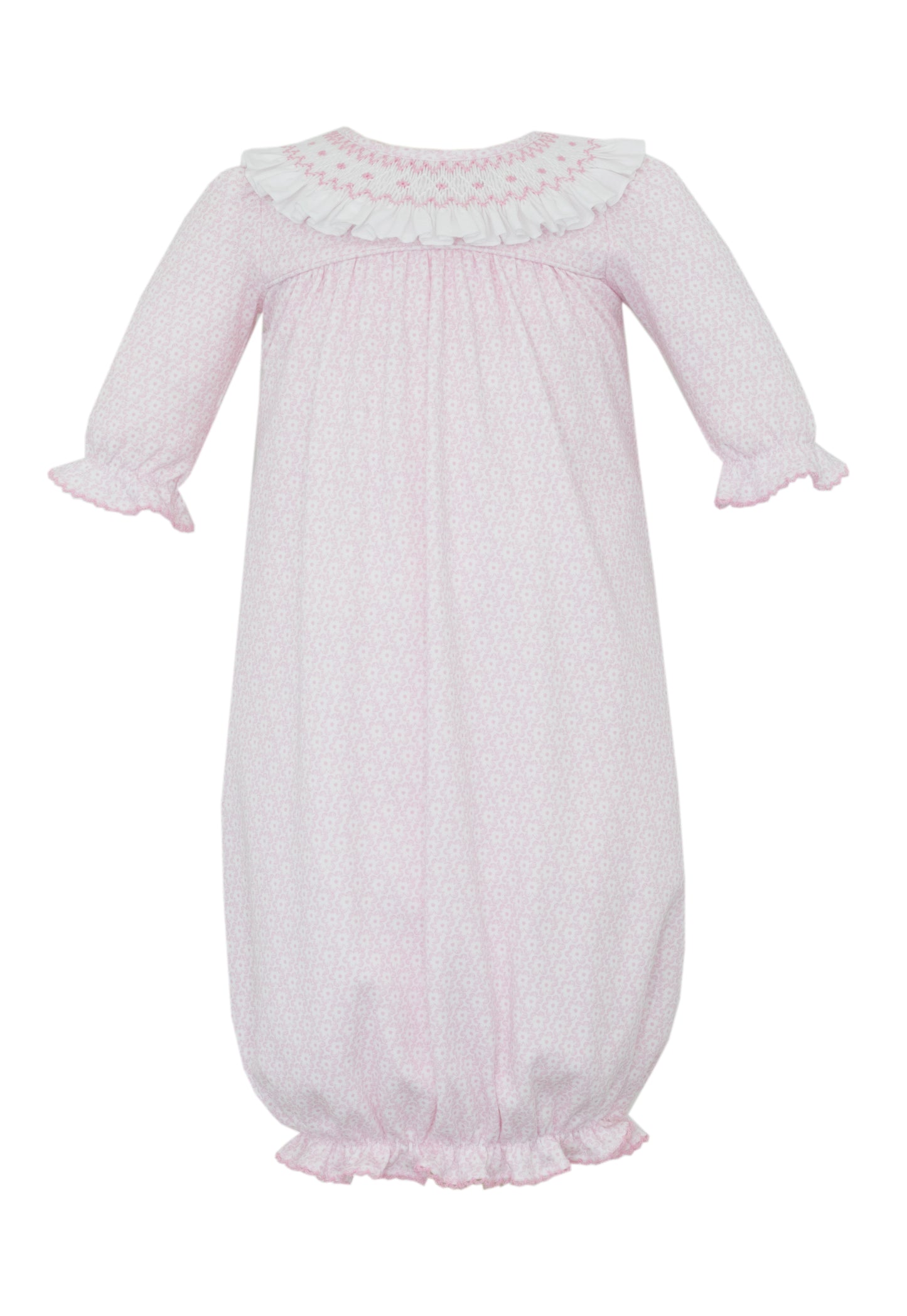 Ivanna- Pink flower knit print girl's sac w/ white smocked collar