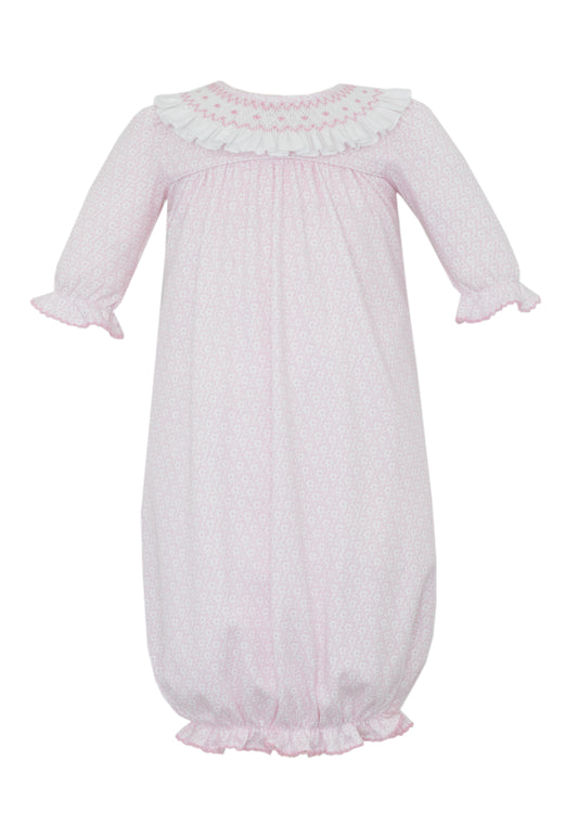 Ivanna- Pink flower knit print girl's sac w/ white smocked collar