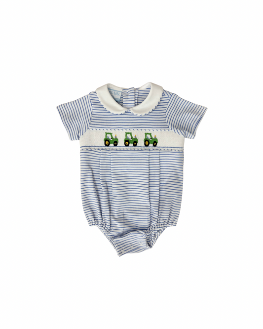 Tractor Light Blue Stripe Knit Boys Bubble Short Sleeve