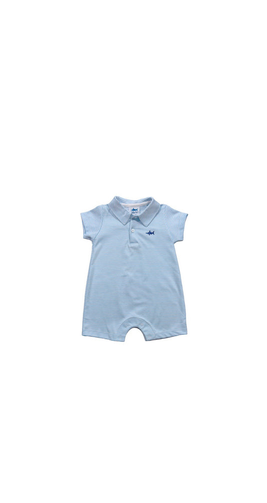 SBC Signature Pima Polo Romper, Light Blue Stripe