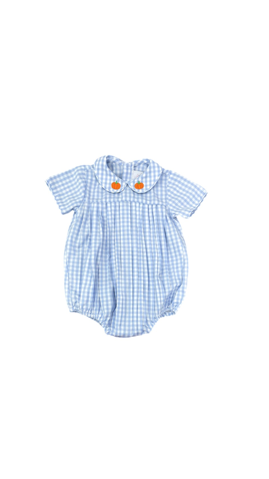 Finn Blue Gingham Bubble, Pumpkins on Collar