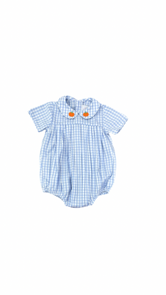 Finn Blue Gingham Bubble, Pumpkins on Collar