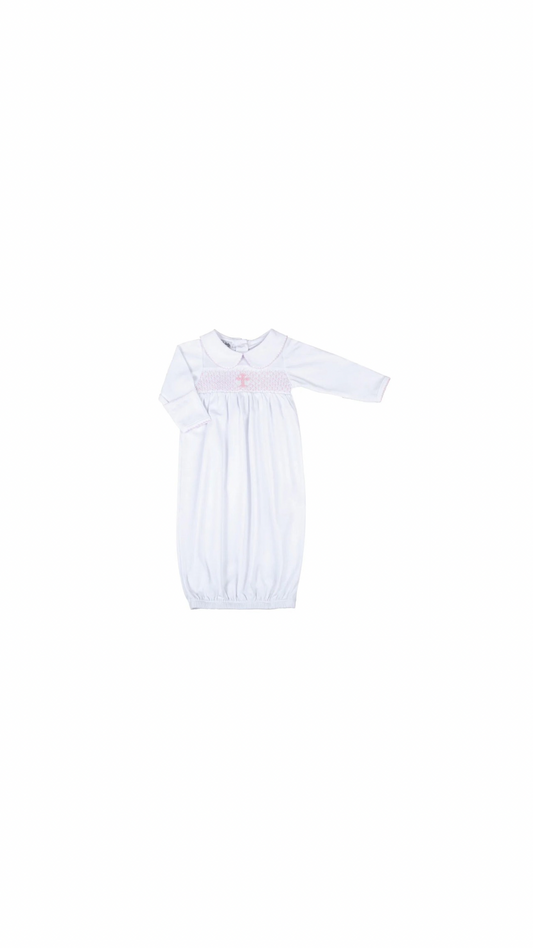 Blessed White w/ Pink Smocked Collared L/S Girl Gathered Gown