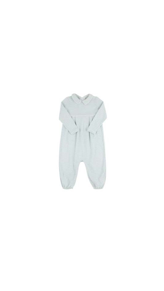 Long Sleeve Bradford Romper - Collar Old Greenwich Green Stripe/Worth Ave White
