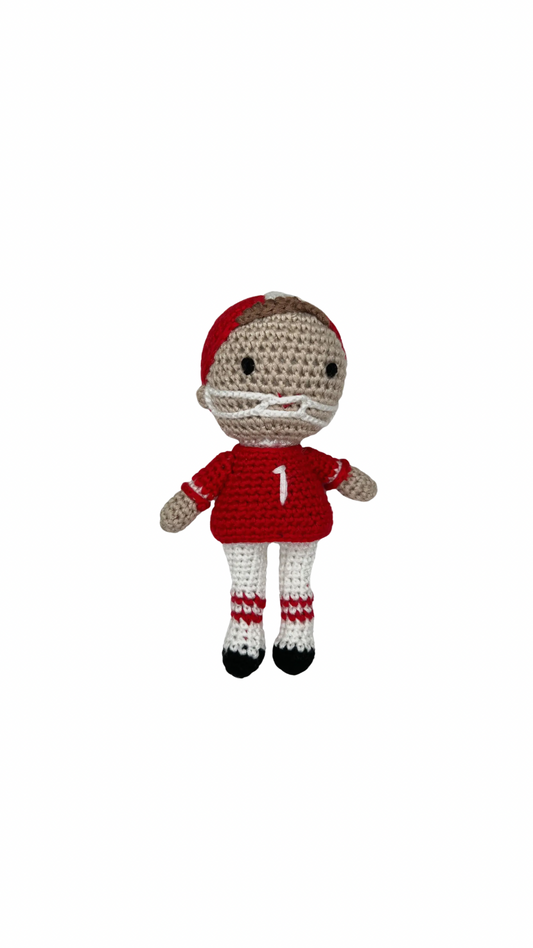 Football Player Bamboo Crochet Rattles - Red/Black - 5"