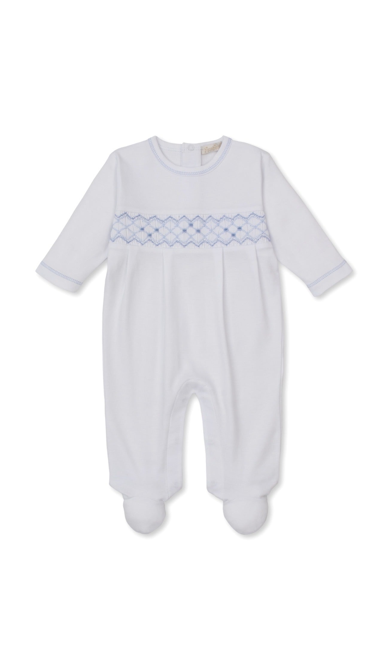 CLB Summer 26 Footie w/ Hand Smocked White/Light Blue