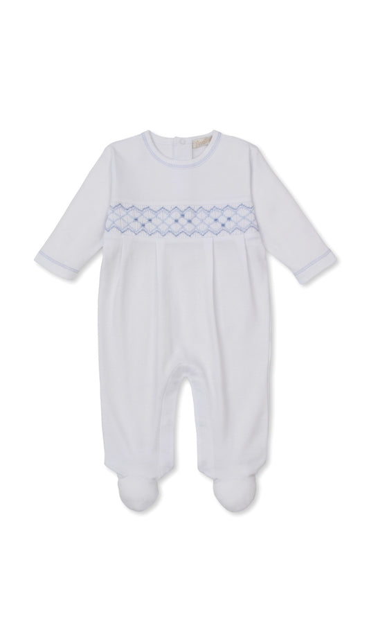 CLB Summer 26 Footie w/ Hand Smocked White/Light Blue